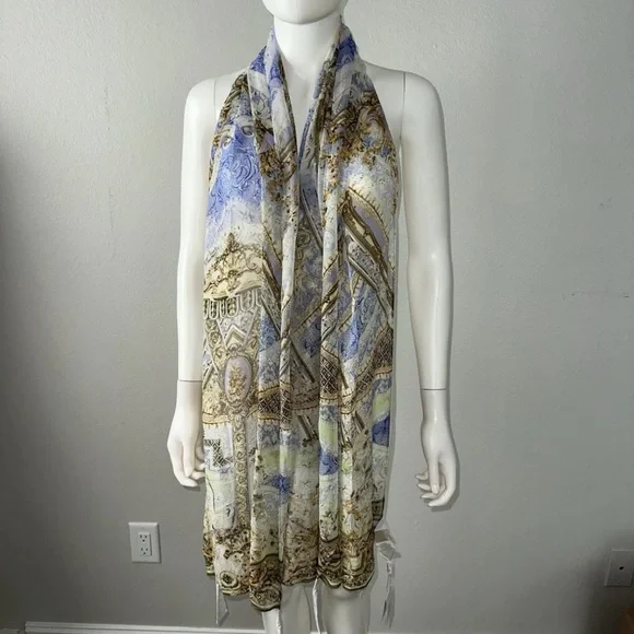 Camilla “Guilded Pleasures” blue white silk long scarf shawl belt top headwrap